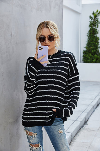 Creamtopmall Round Collar Stripe Patchwork Pullover