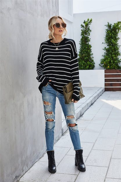 Creamtopmall Round Collar Stripe Patchwork Pullover