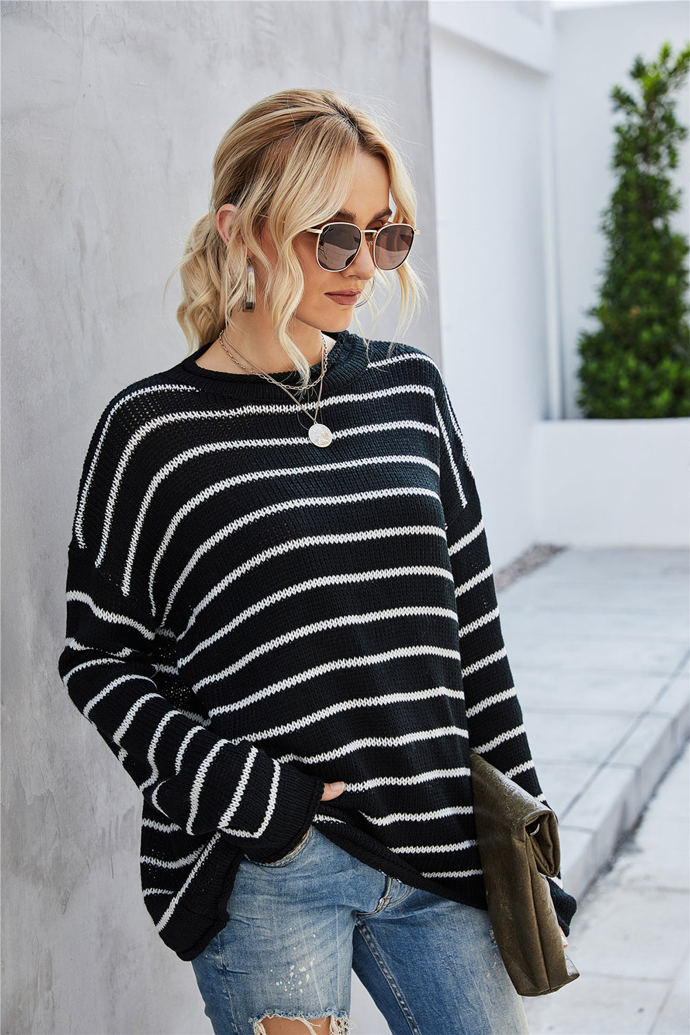 Creamtopmall Round Collar Stripe Patchwork Pullover