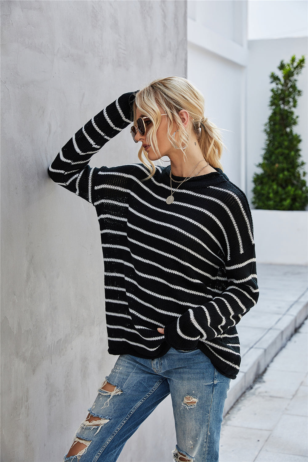 Creamtopmall Round Collar Stripe Patchwork Pullover