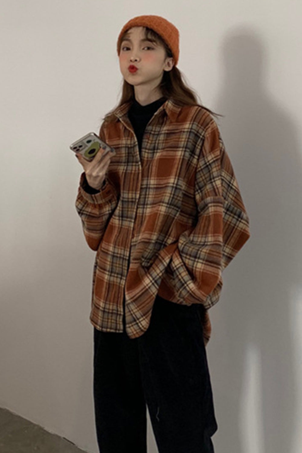 Creamtopmall Flannel Tweed Plaid Shirt Coat