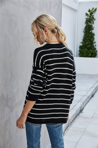 Creamtopmall Round Collar Stripe Patchwork Pullover