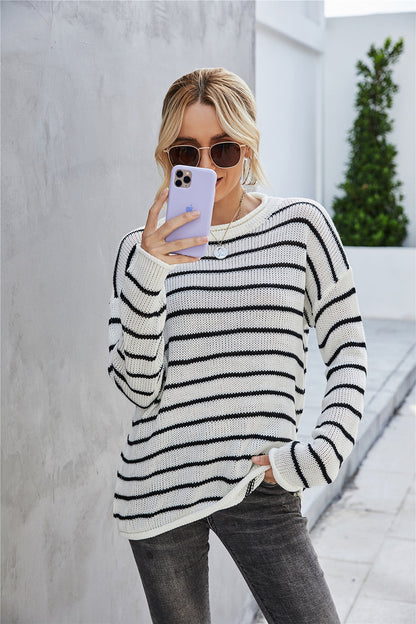 Creamtopmall Round Collar Stripe Patchwork Pullover