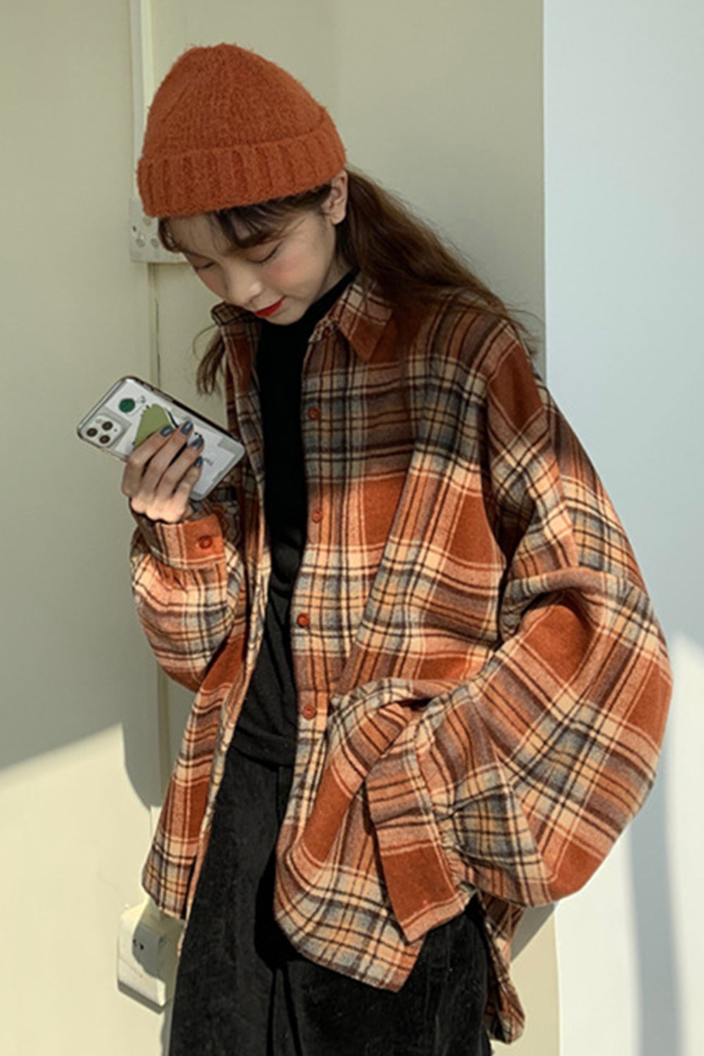 Creamtopmall Flannel Tweed Plaid Shirt Coat