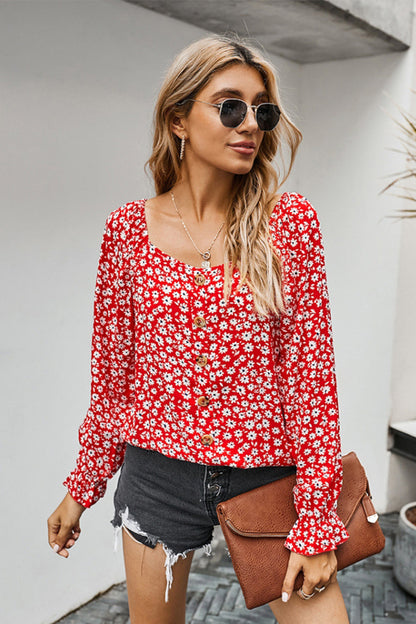 Creamtopmall Square Neck Floral Loose T-shirt