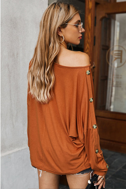 Creamtopmall Off Shoulder Button Solid T-shirt