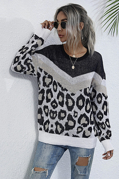 Creamtopmall Leopard Print Stitching Long-sleeved Sweater