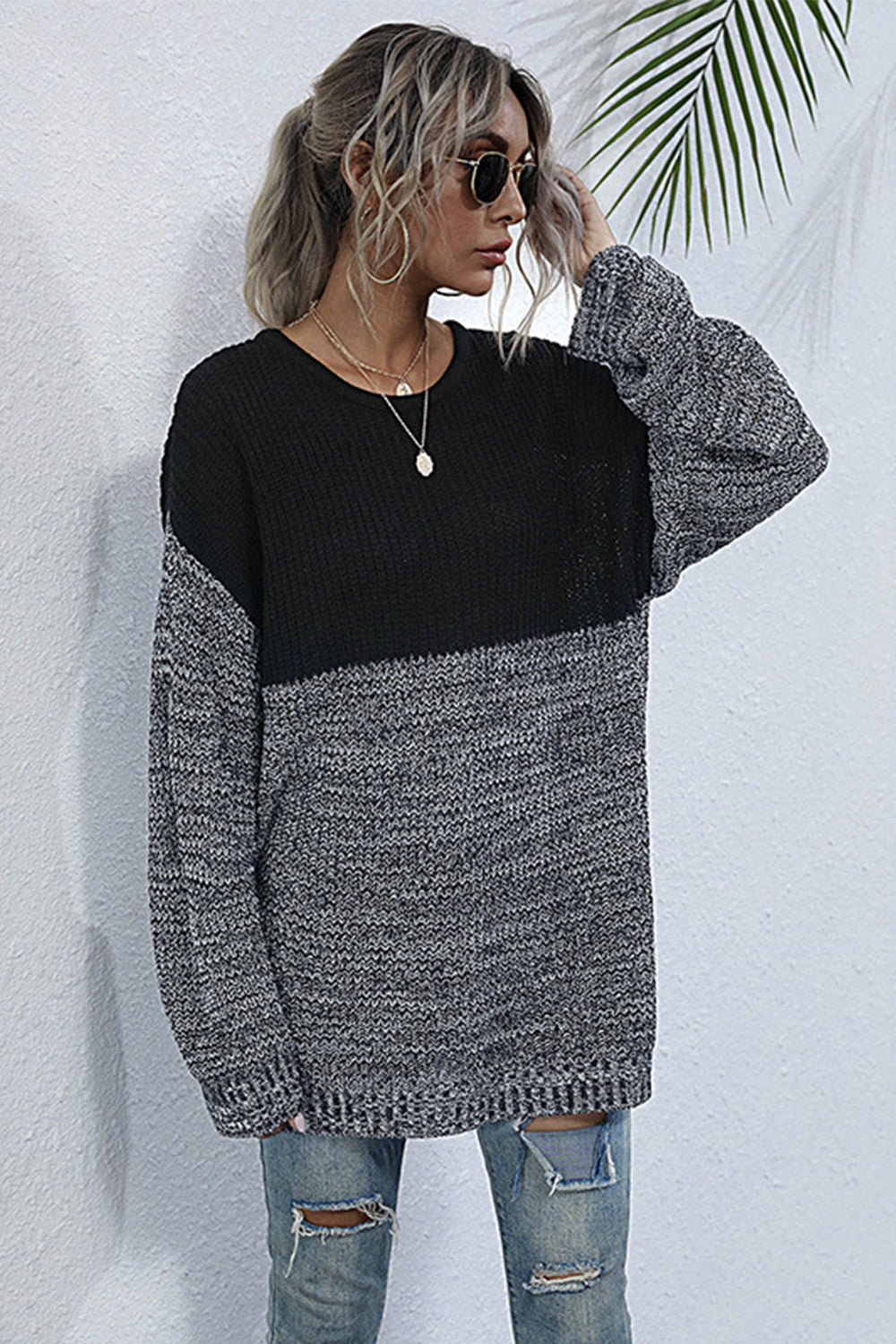 Creamtopmall Round Neck Loose Stitching Sweater