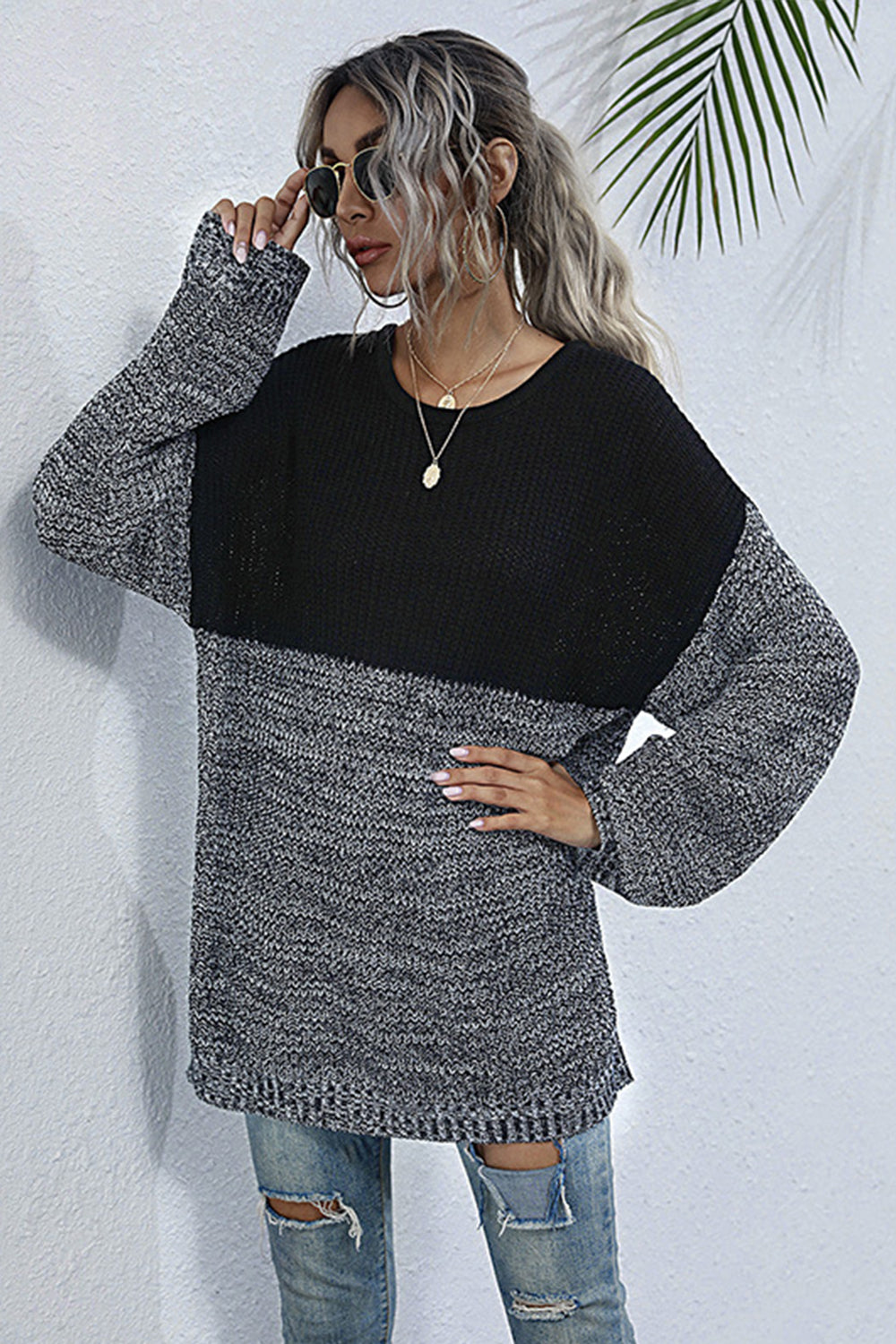 Creamtopmall Round Neck Loose Stitching Sweater