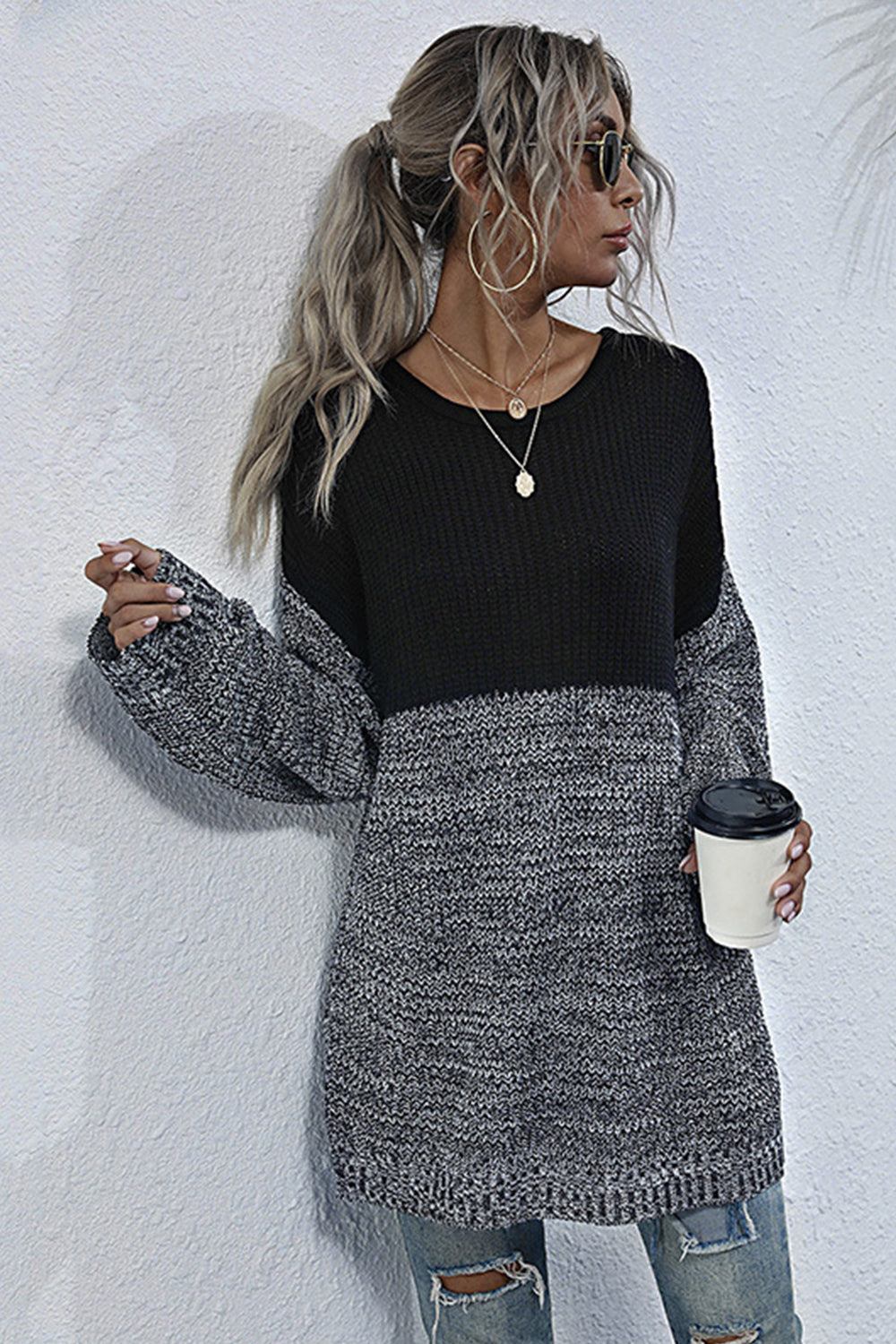 Creamtopmall Round Neck Loose Stitching Sweater