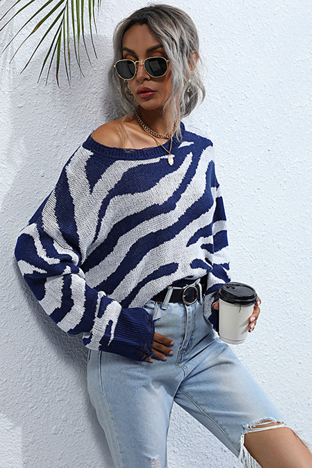 Creamtopmall Striped Print Knitted Crew Neck Sweater