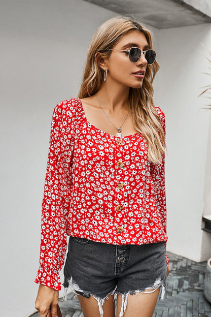 Creamtopmall Square Neck Floral Loose T-shirt