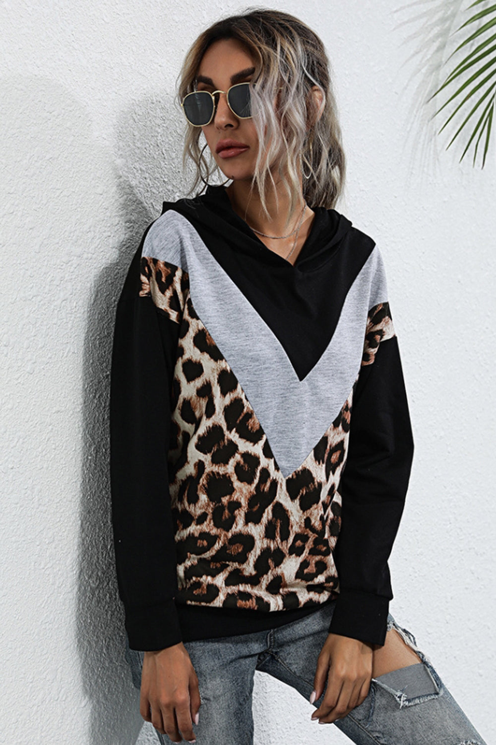 Creamtopmall Leopard Print Contrast Stitching Long-sleeved Top