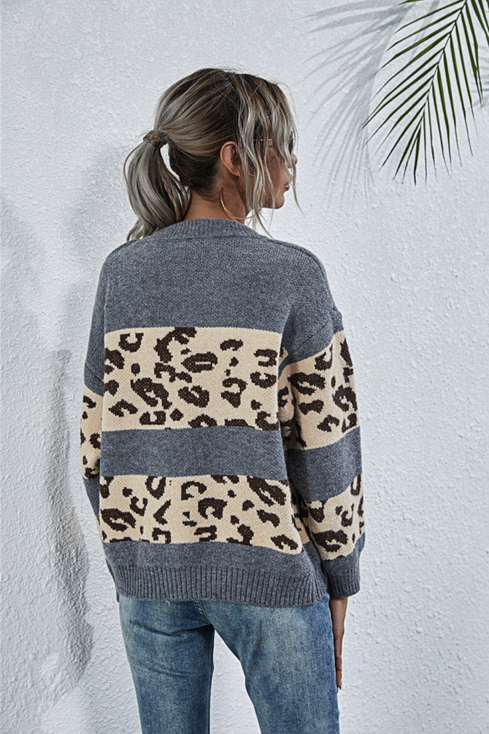 Creamtopmall Crew Neck Leopard Print Sweater