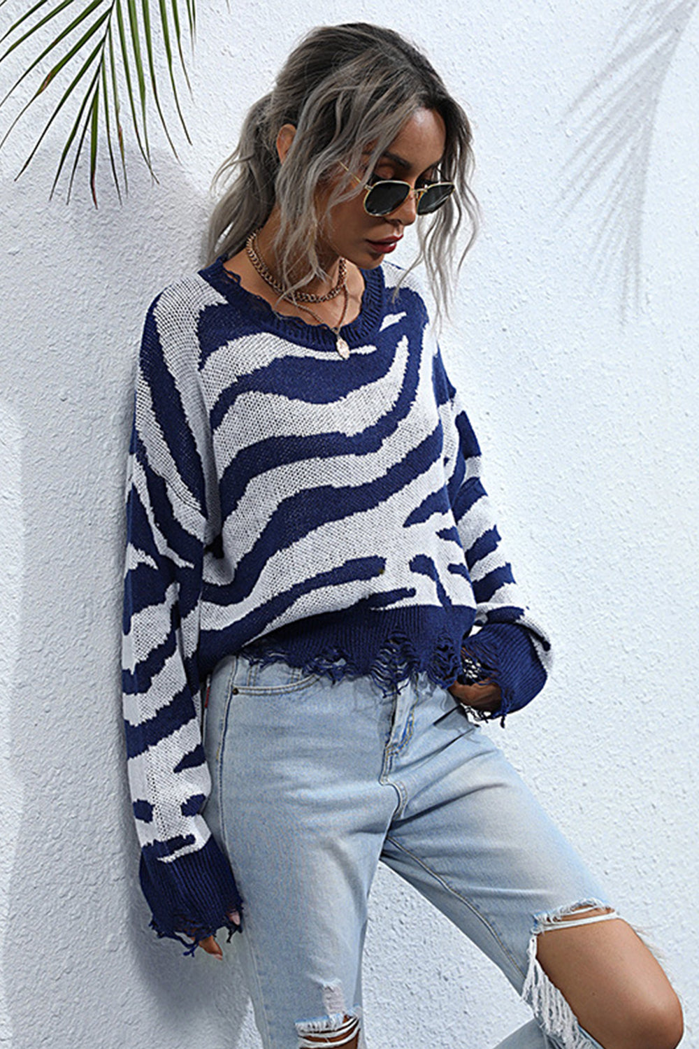 Creamtopmall Striped Print Knitted Crew Neck Sweater