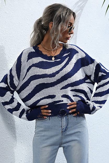 Creamtopmall Striped Print Knitted Crew Neck Sweater