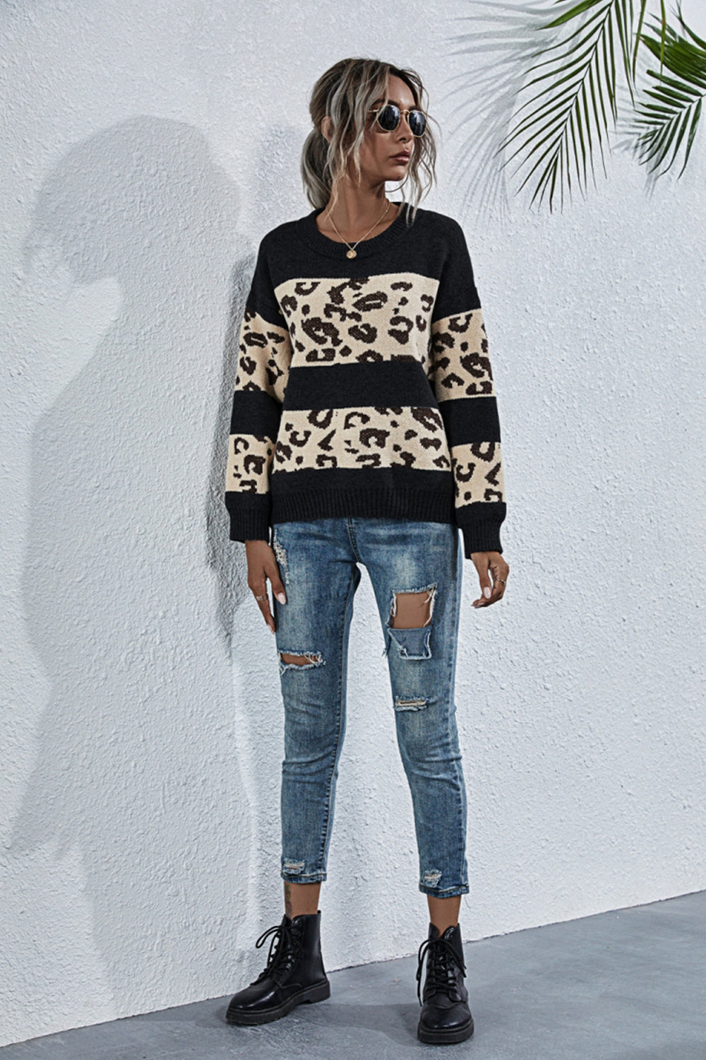 Creamtopmall Crew Neck Leopard Print Sweater