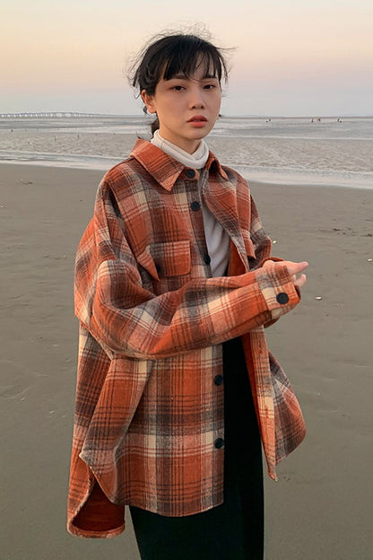 Creamtopmall Vintage Plaid Loose Fleece Shirt