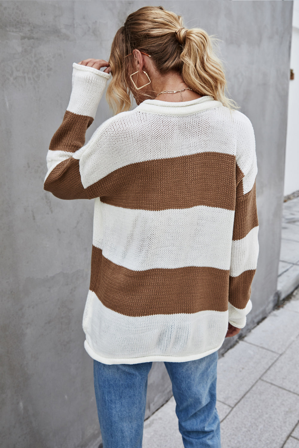 Creamtopmall Stripe Splice Long Sleeve Crew Neck Tops