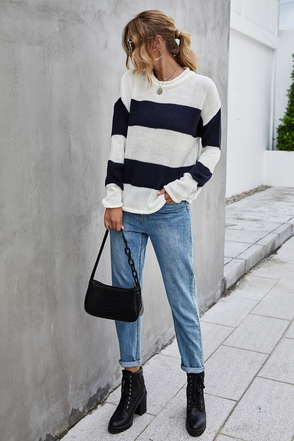 Creamtopmall Stripe Splice Long Sleeve Crew Neck Tops