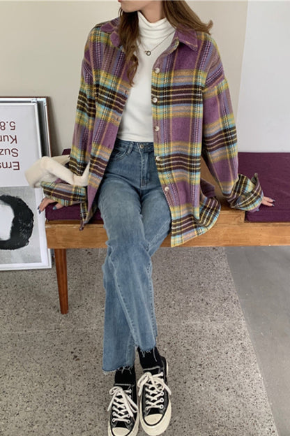 Creamtopmall Flannel Vintage Plaid Tweed Coat