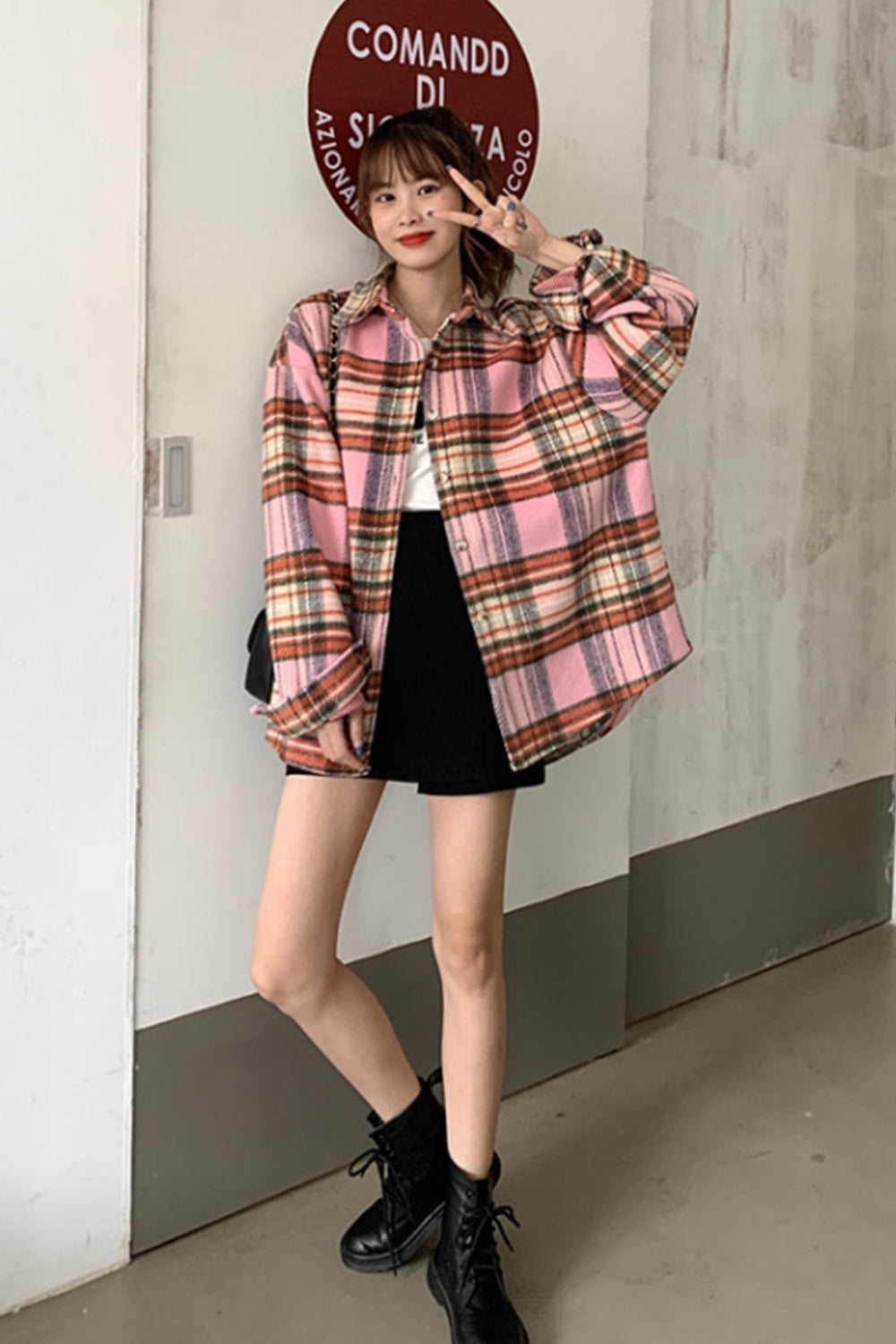 Creamtopmall Flannel Vintage Plaid Tweed Coat