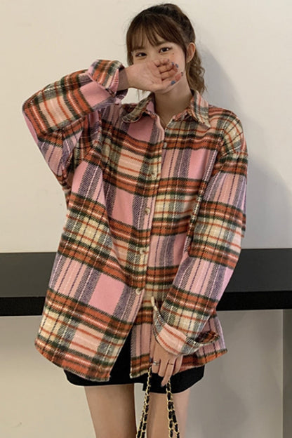 Creamtopmall Flannel Vintage Plaid Tweed Coat