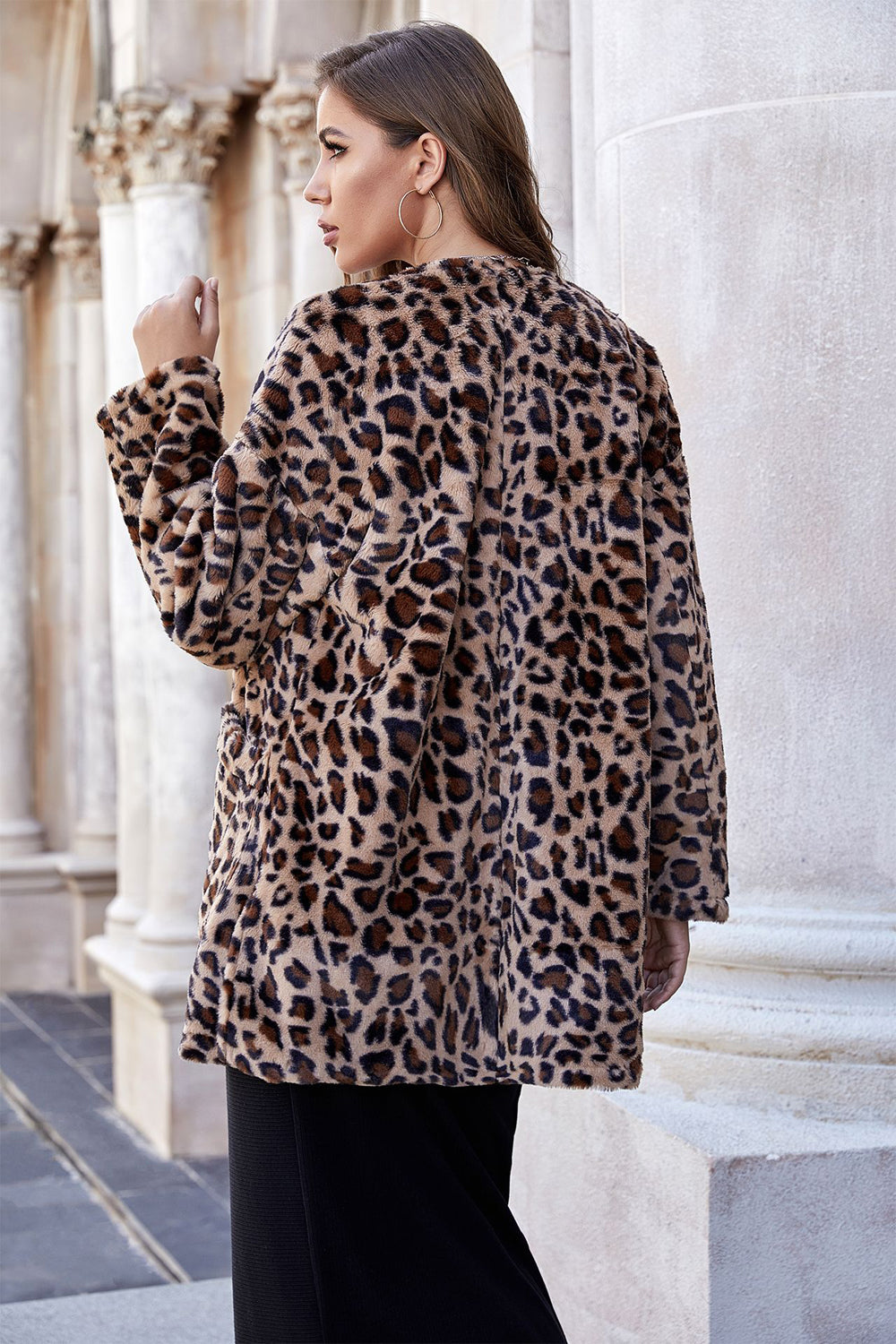 Creamtopmall Leopard Print Mid-length Pocket Plush Coat