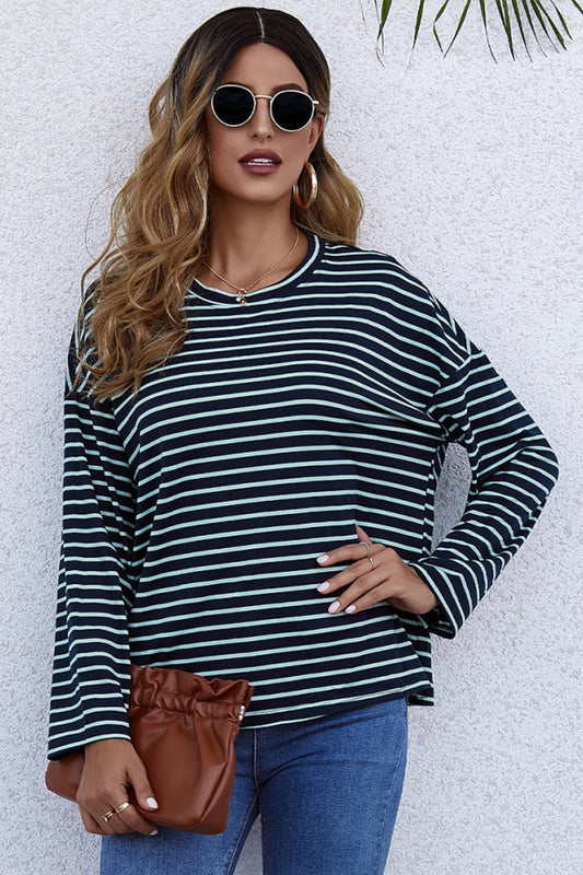 Creamtopmall Long-Sleeve Loose Round Neck Striped T-shirt