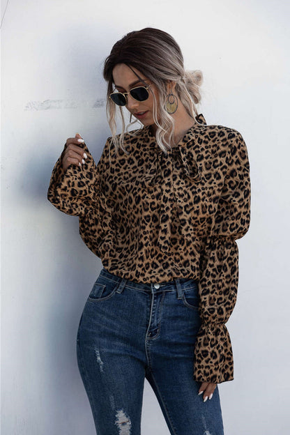 Creamtopmall Leopard Lace Up Lantern Sleeve Blouse