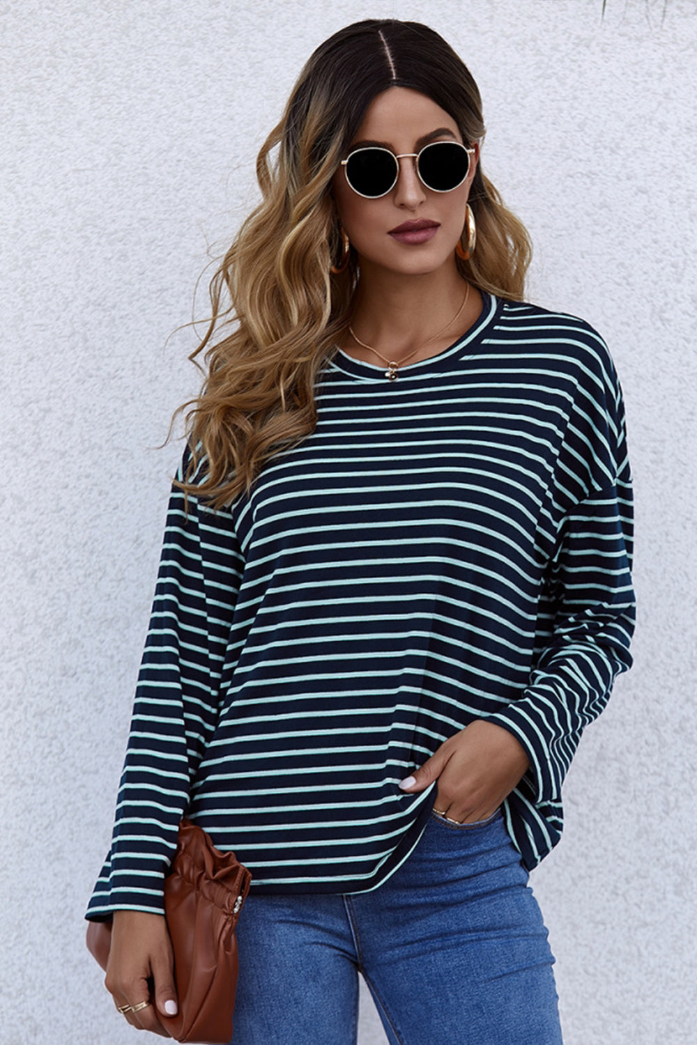 Creamtopmall Long-Sleeve Loose Round Neck Striped T-shirt