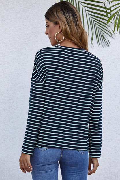 Creamtopmall Long-Sleeve Loose Round Neck Striped T-shirt