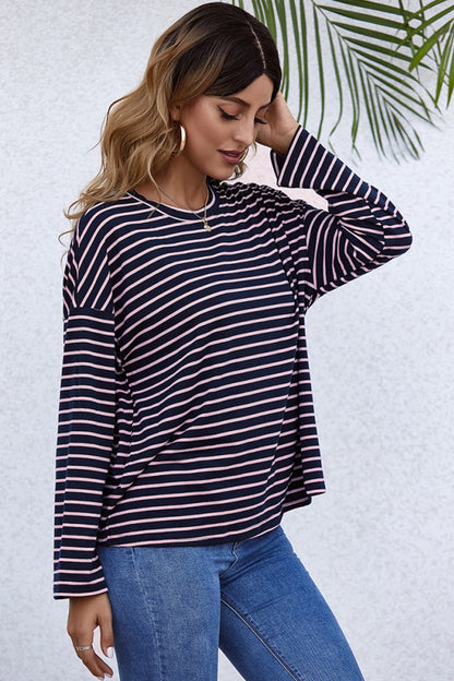 Creamtopmall Long-Sleeve Loose Round Neck Striped T-shirt