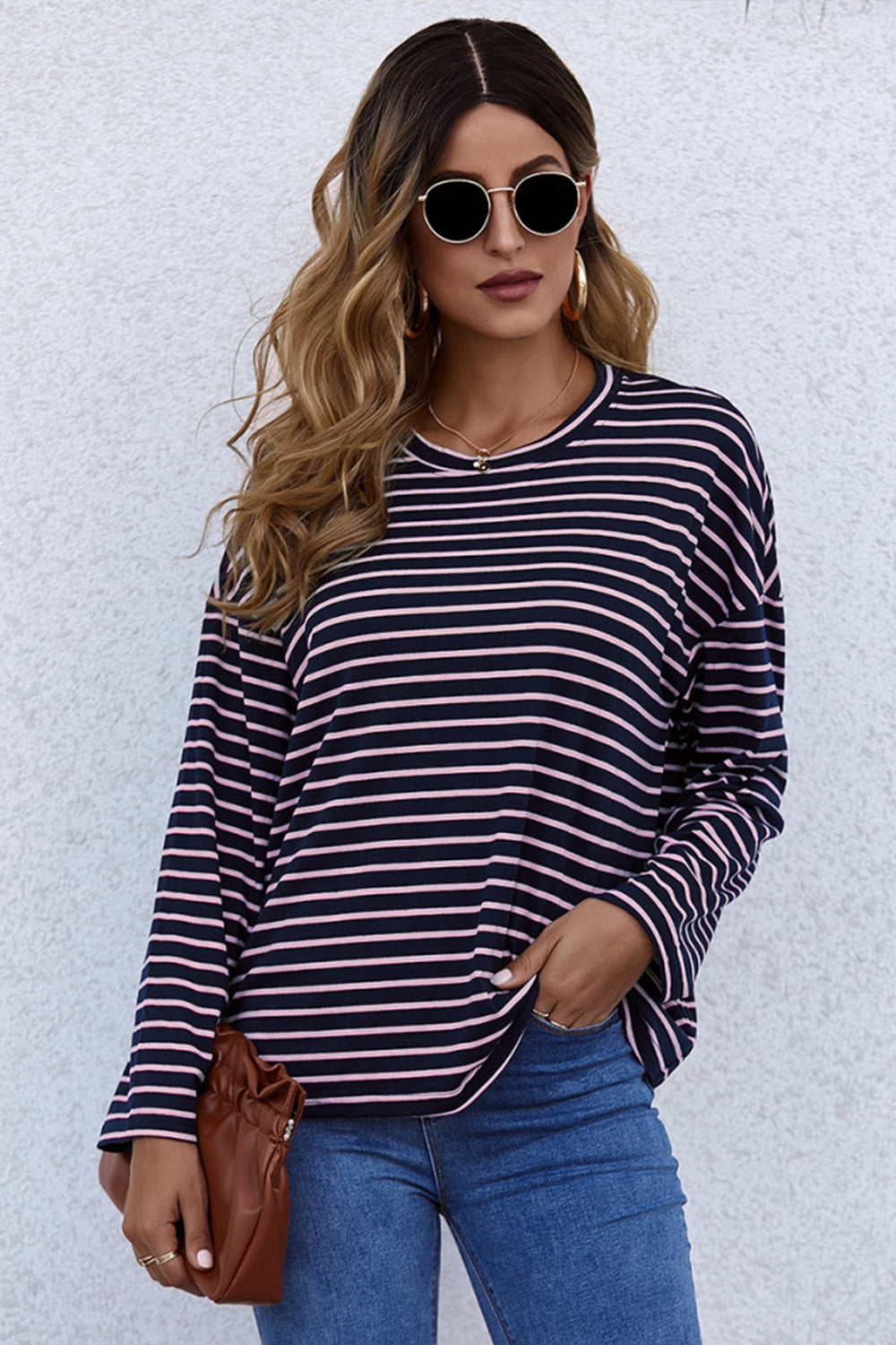 Creamtopmall Long-Sleeve Loose Round Neck Striped T-shirt