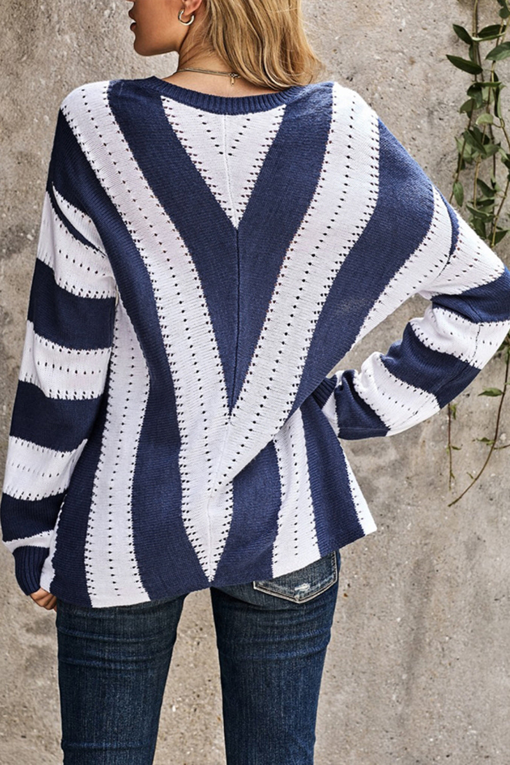 Creamtopmall Striped Contrast Deep V-neck Knitted Sweater