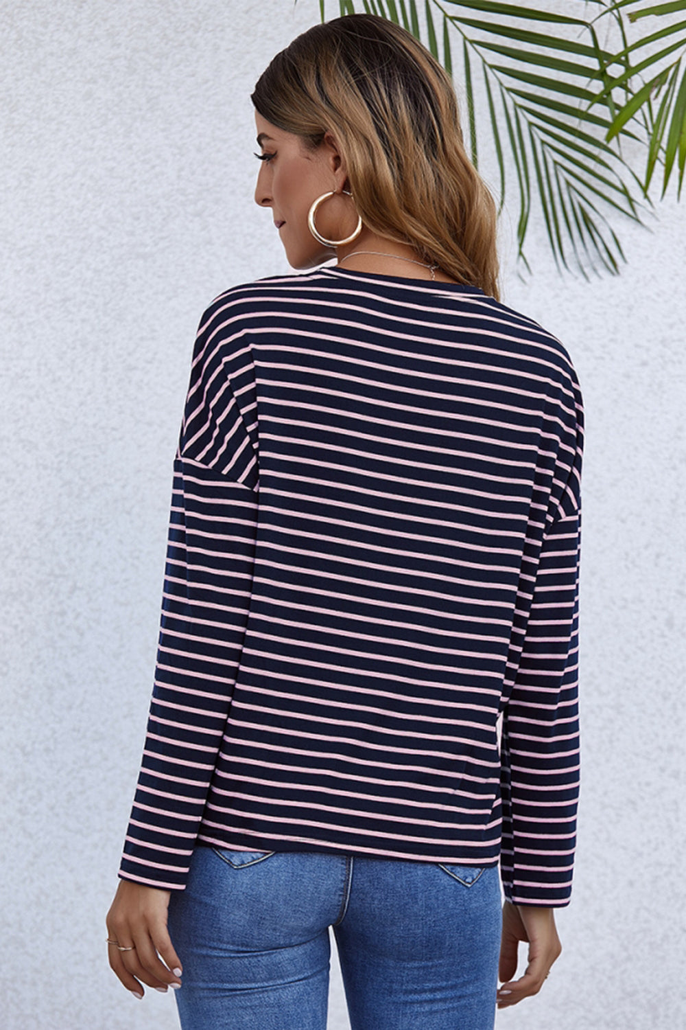 Creamtopmall Long-Sleeve Loose Round Neck Striped T-shirt