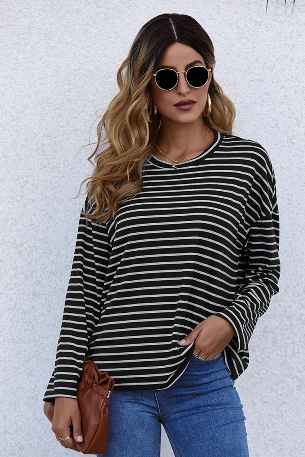 Creamtopmall Long-Sleeve Loose Round Neck Striped T-shirt