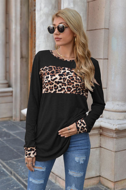 Creamtopmall Leopard Print Stitching Round Neck Long Sleeve T-shirt