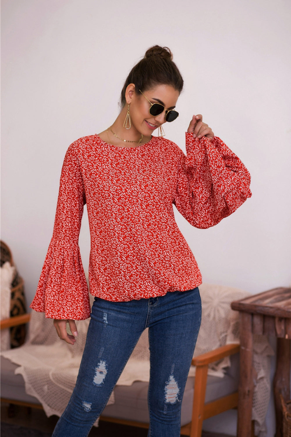 Creamtopmall Bubble Sleeve Floral Print Top