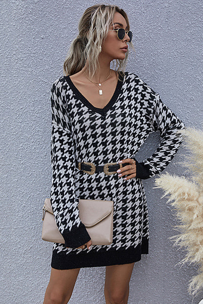 Creamtopmall Houndstooth Pullover Slim V-neck Knitted Sweater