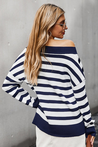 Creamtopmall V-neck Off Shoulder Stripe T-shirt