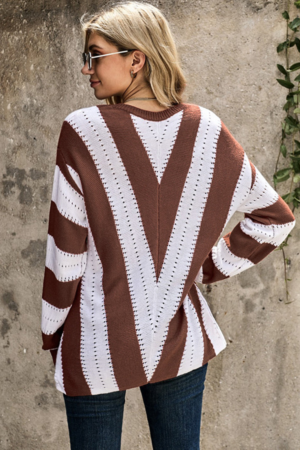 Creamtopmall Striped Contrast Deep V-neck Knitted Sweater