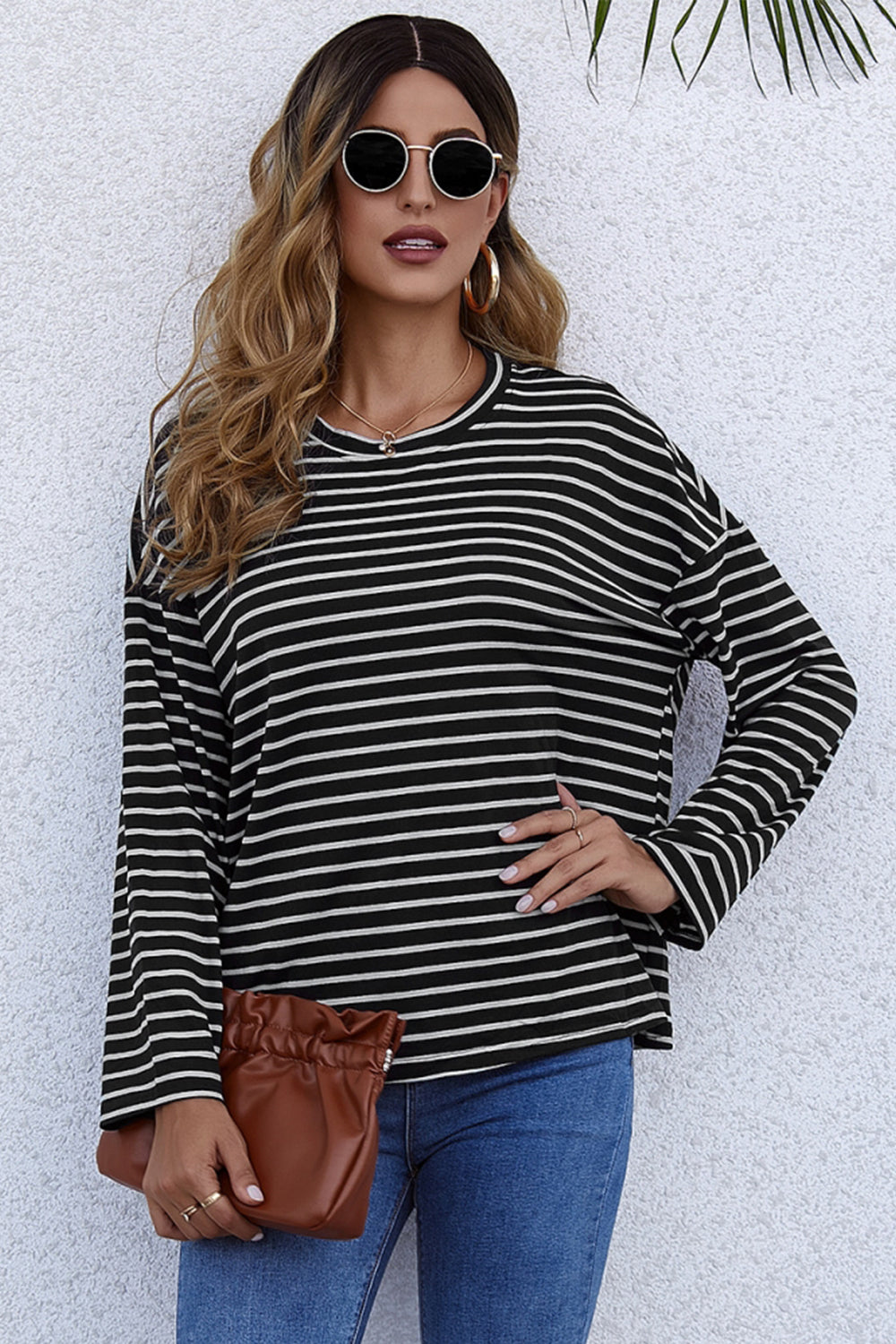 Creamtopmall Long-Sleeve Loose Round Neck Striped T-shirt