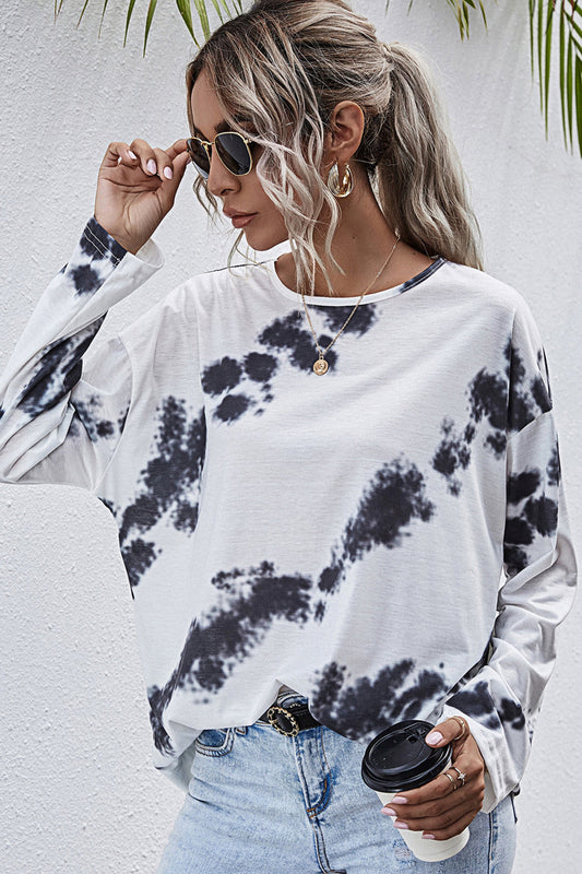 Creamtopmall Tie-Dyed Printed Crew Neck Long Sleeve T-Shirt