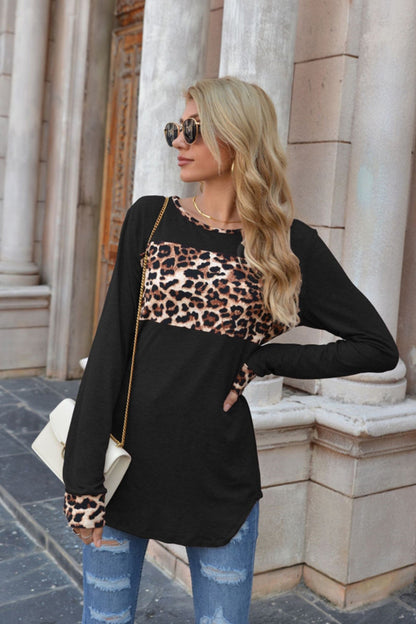 Creamtopmall Leopard Print Stitching Round Neck Long Sleeve T-shirt