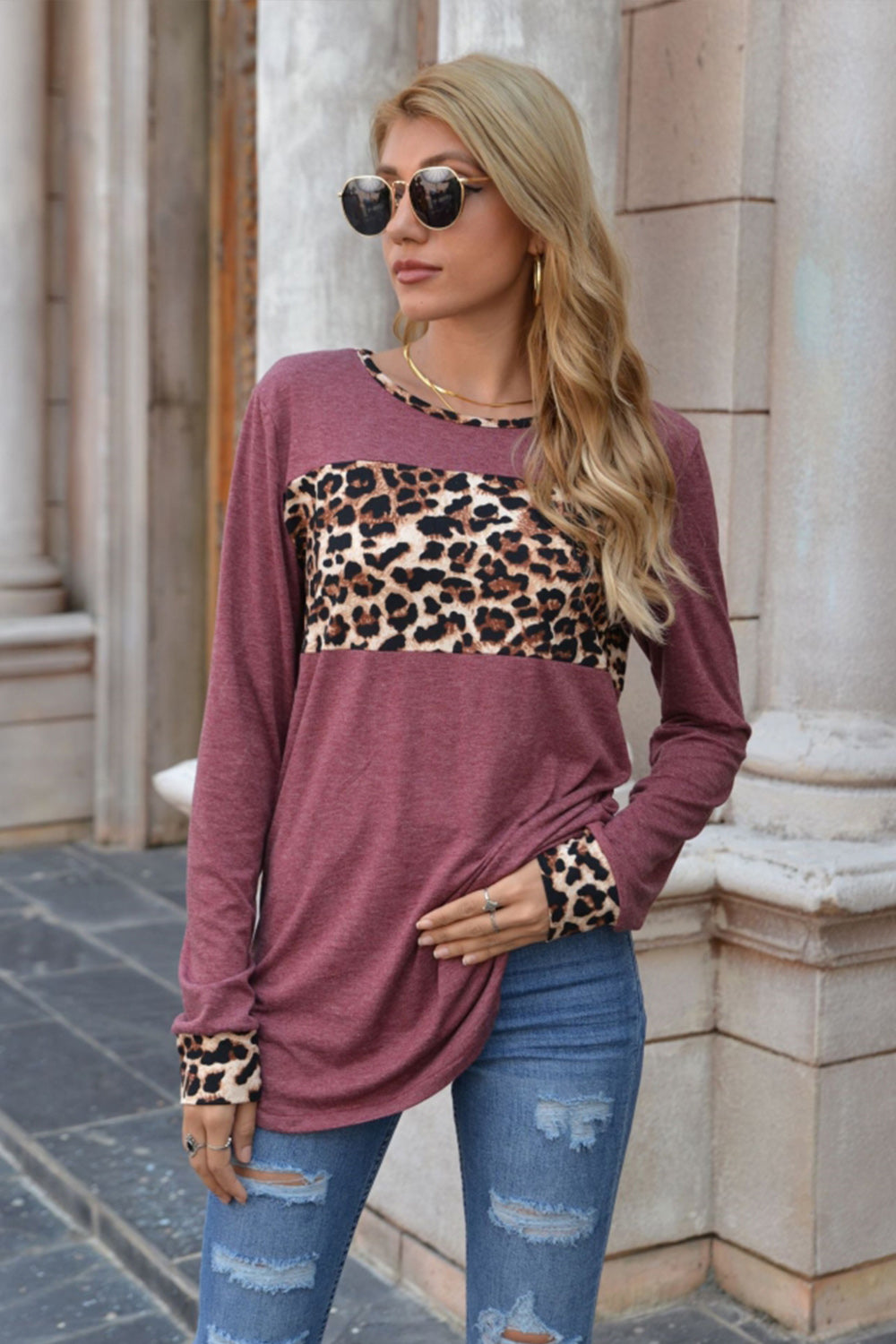 Creamtopmall Leopard Print Stitching Round Neck Long Sleeve T-shirt