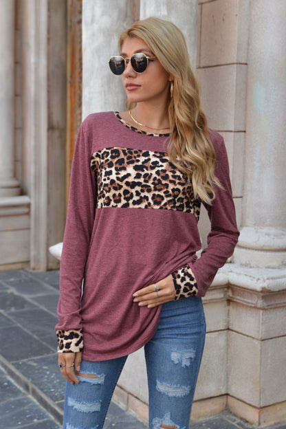 Creamtopmall Leopard Print Stitching Round Neck Long Sleeve T-shirt