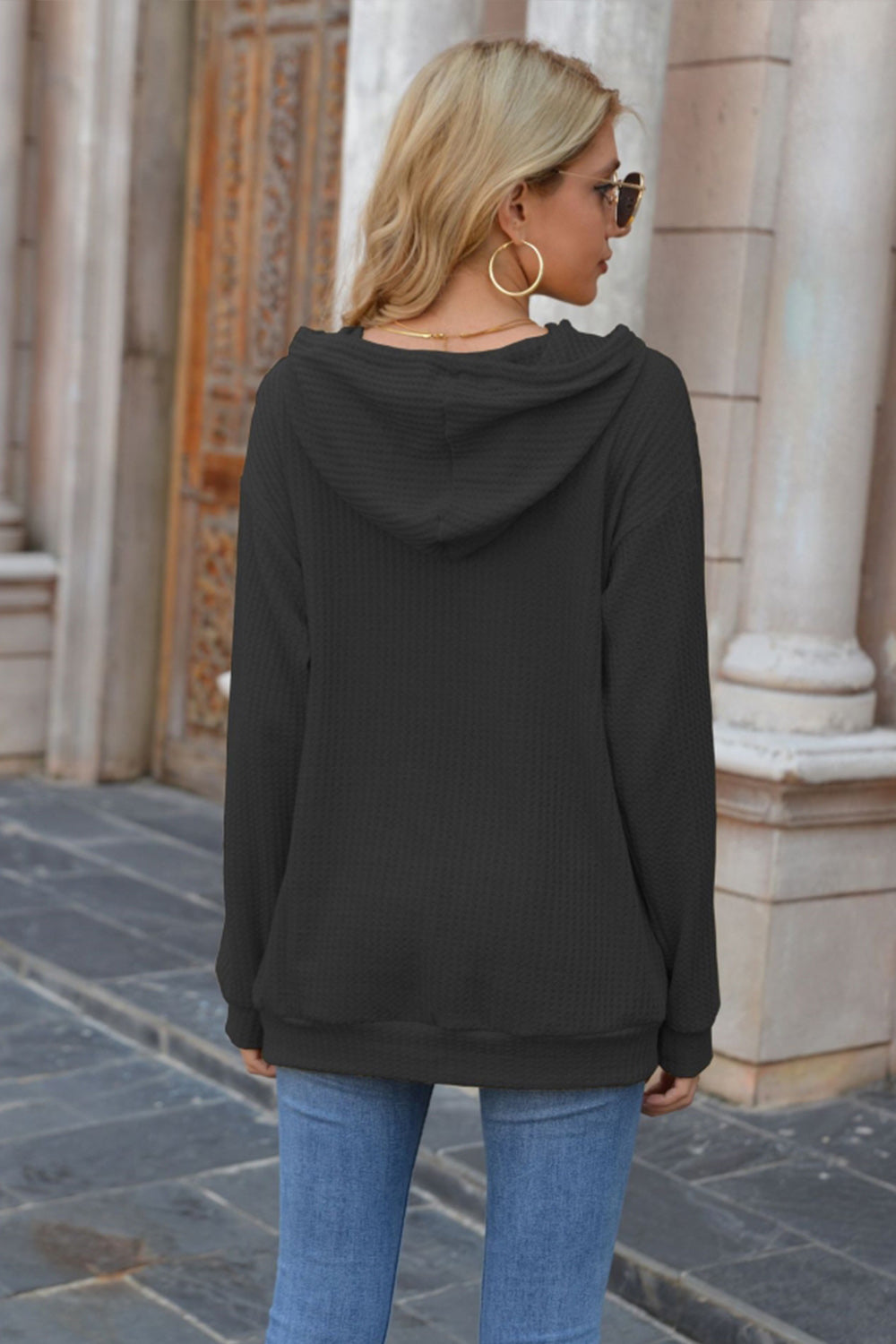 Creamtopmall Hooded Pocket Solid Color Sweater