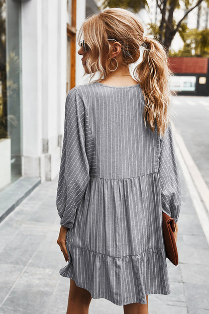 Creamtopmall V-neck Striped Drawstring Long Sleeve Dress