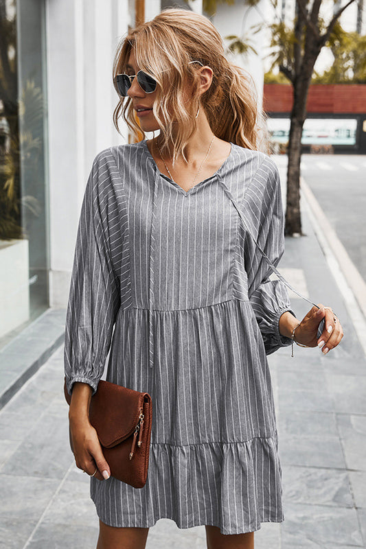 Creamtopmall V-neck Striped Drawstring Long Sleeve Dress